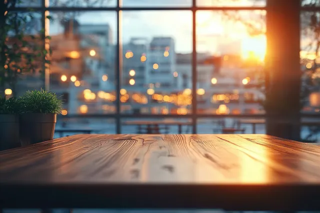 Warmly lit café interior with a wooden table in front of a blurred city skyline reflected in large windows.