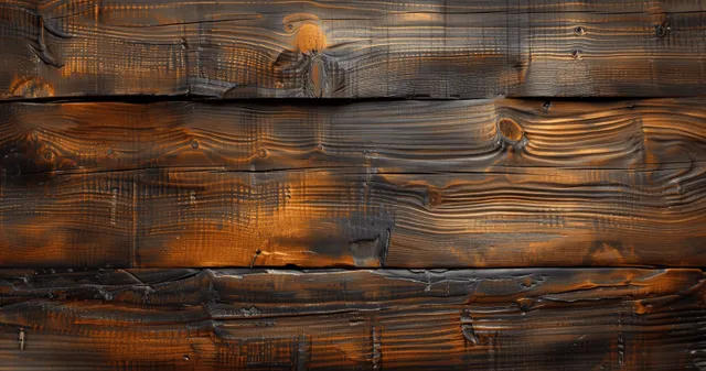 Weathered wooden planks with warm brown and orange charred grain
