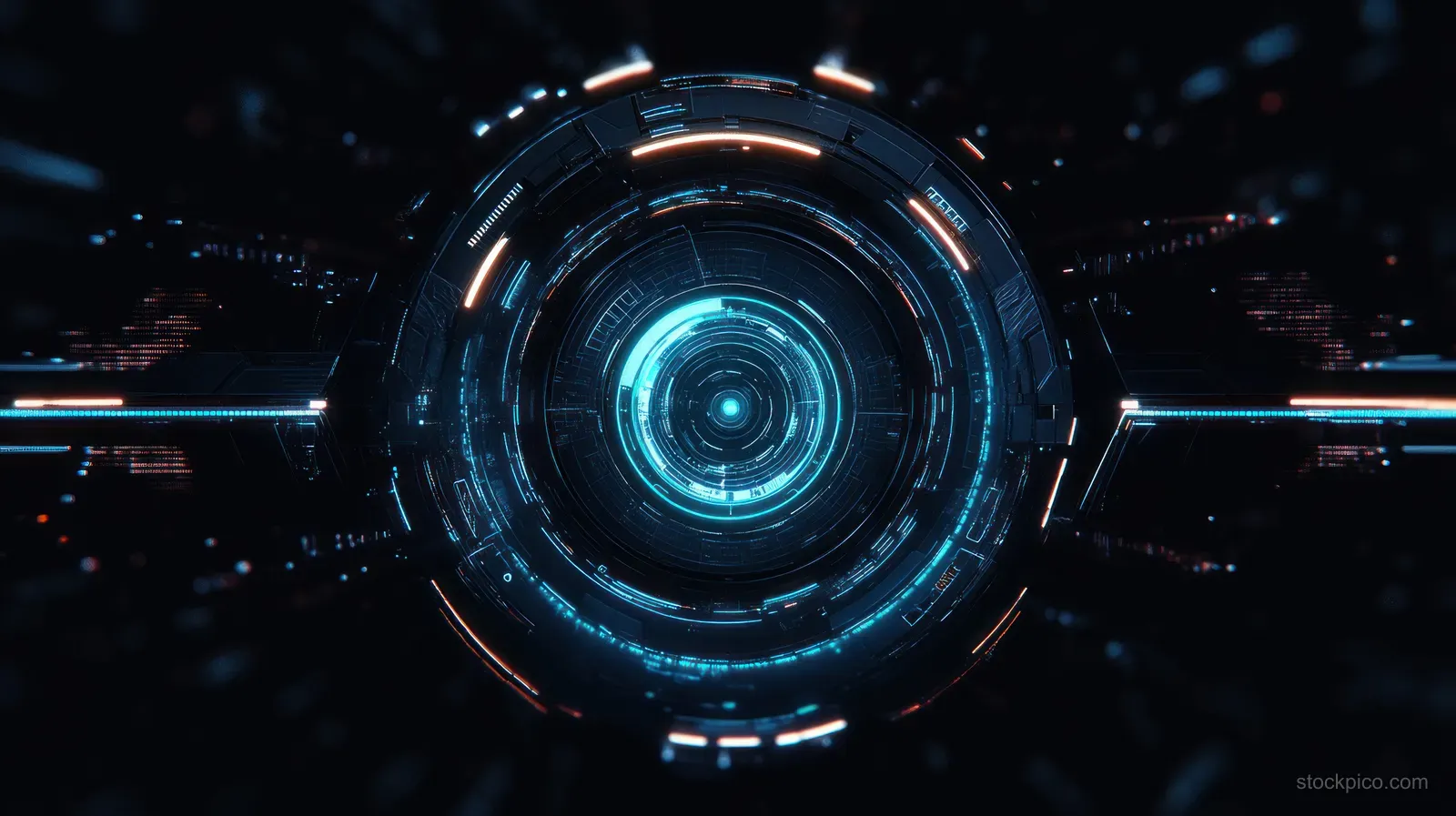 Glowing circular HUD interface with blue rings and orange accents forms a central data core on a dark background.