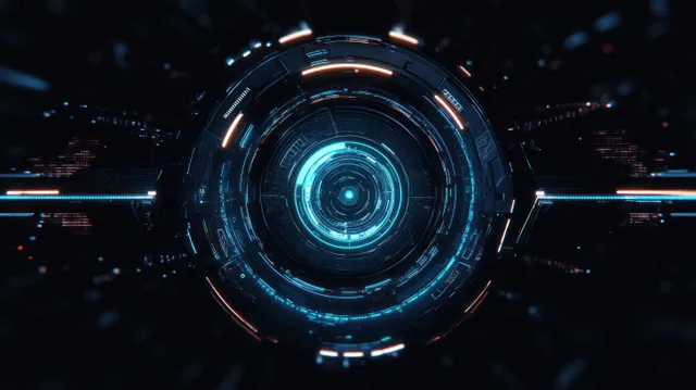 Glowing circular HUD interface with blue rings and orange accents forms a central data core on a dark background.