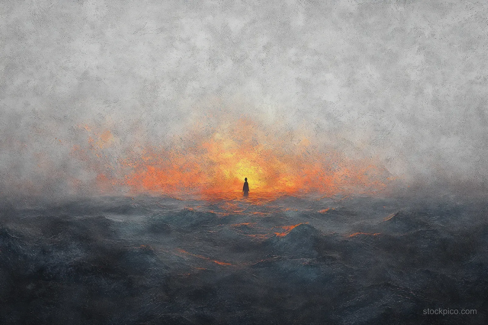 A lone figure silhouette stands in rough ocean waves as warm light breaks through foggy gray sky.