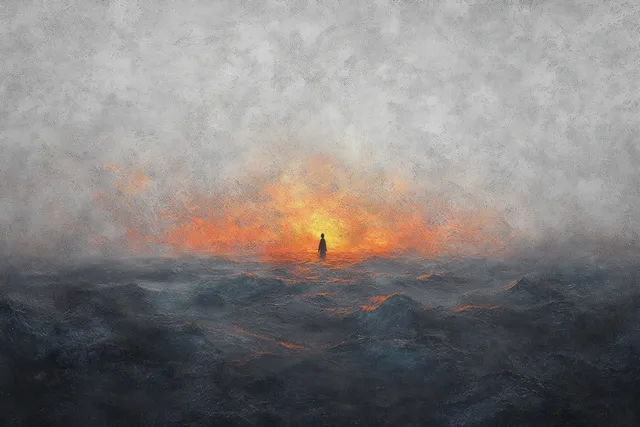 Lonely silhouette stands in stormy ocean waters, warm light breaking through foggy dusk