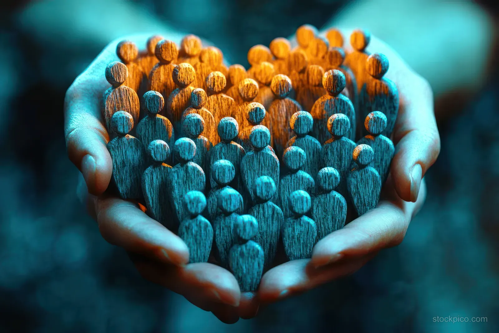 Two hands hold a heart made of small wooden figurines illuminated by blue and orange light.