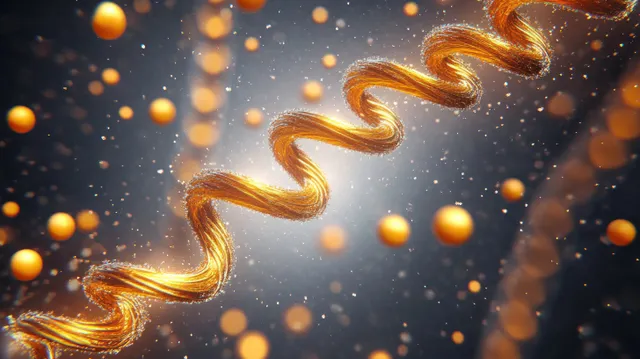 Golden hair fibers float upward amid glowing droplets against a dark background.