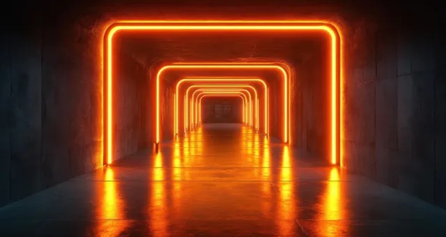A neon corridor with orange light frames and reflections on a polished concrete floor recedes into the distance.