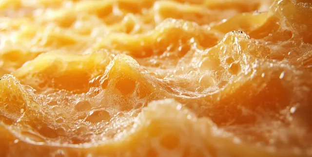Caramelized cheese crust close-up with glossy amber highlights and bubbling texture