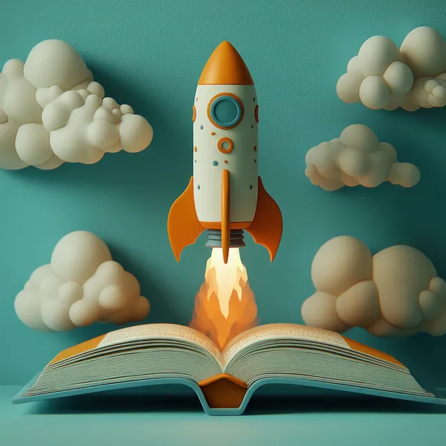 A 3D rocket blasts from an open book while clouds and stars float against a dreamy blue background.