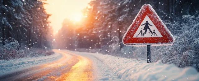 Red warning sign beside an icy snowy road through a winter forest at sunrise.