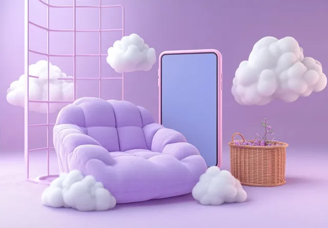 Lavender armchair in a pastel purple room with floating cloud cushions, a large smartphone, and a wicker basket of purple flowers.