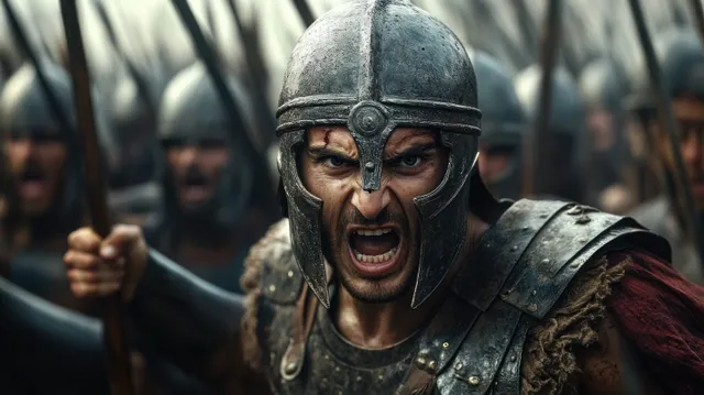 An armored warrior shouts a battle cry in the foreground while spear-wielding soldiers stand behind him.