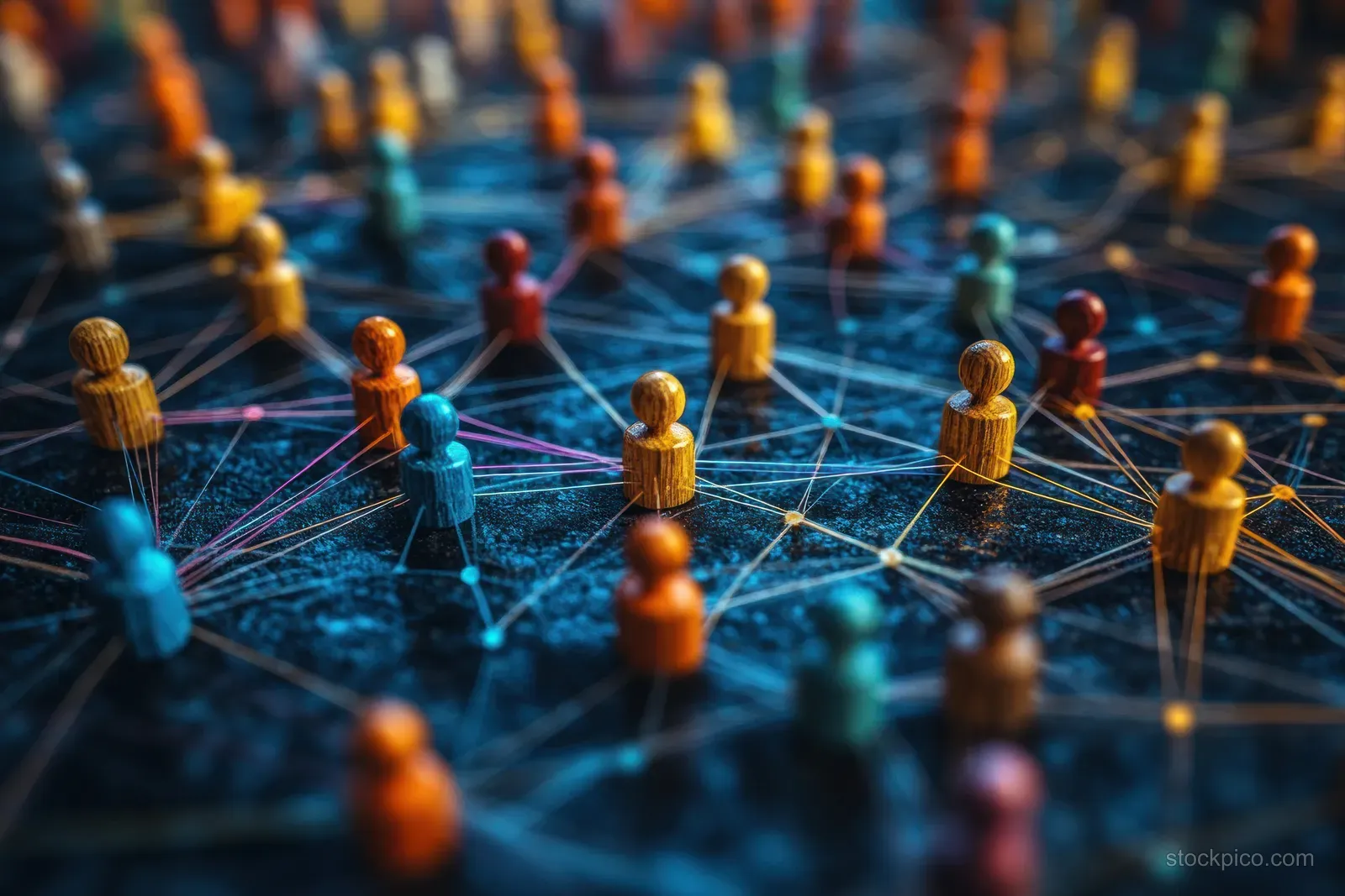 Human-like figures connected by glowing lines across a blue digital network grid representing community collaboration.