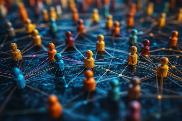 Human-like figures connected by glowing lines across a blue digital network grid representing community collaboration.