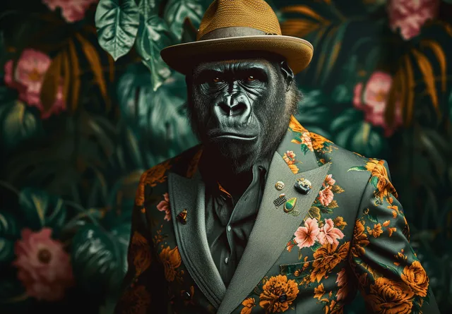 Gorilla wearing a floral suit and hat poses against a lush green jungle background with colorful flowers.