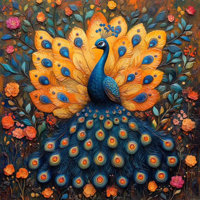 Folk art peacock centered among orange foliage, vibrant dot patterns, and textured background