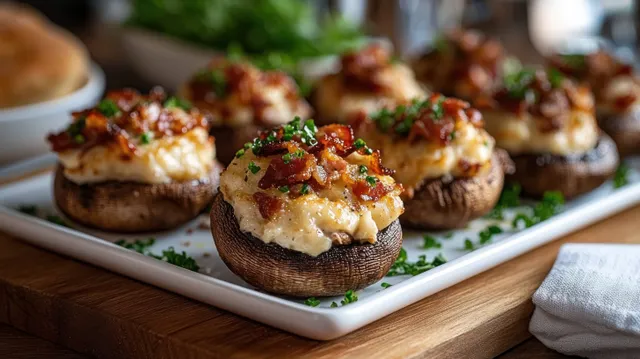 Stuffed mushrooms on white platter with creamy cheese filling, crispy bacon, chopped herbs