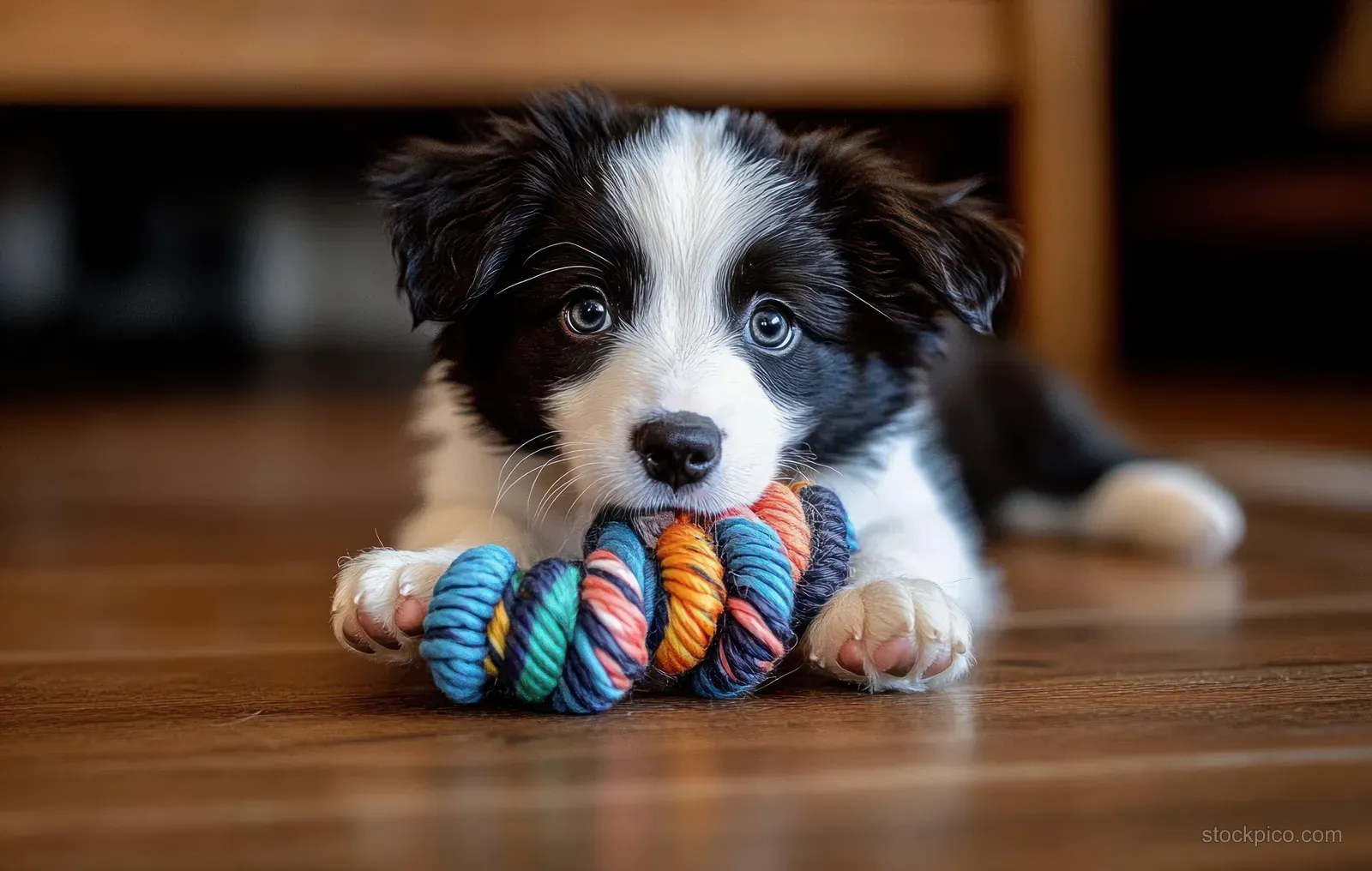 A black and white puppy lying on a wooden floor grips a colorful twisted rope toy with focused eyes.