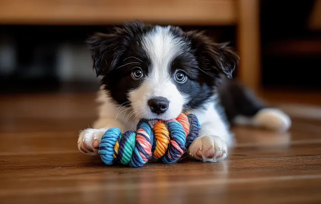 A black and white puppy lying on a wooden floor grips a colorful twisted rope toy with focused eyes.