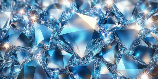 A close-up of faceted blue gemstones with sharp facets reflecting bright glints and sparkles.