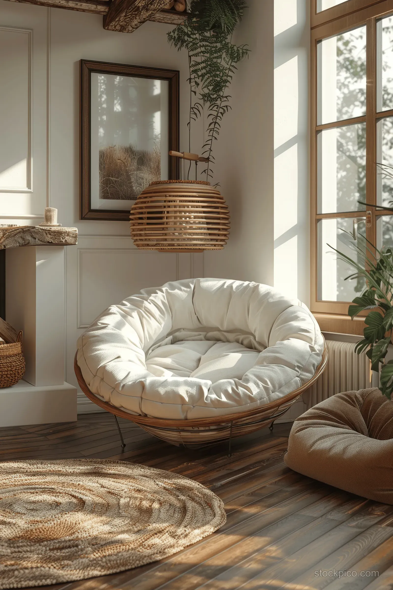 Sunlit Scandinavian living room with beige armchair, bean bag, woven rug, and potted greenery by large windows.