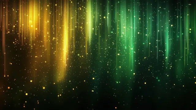 Glowing green and yellow vertical light streaks with floating bokeh particles on dark backdrop