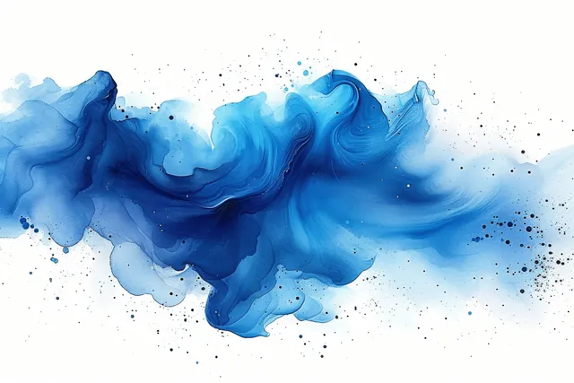Un lavado de acuarela azul y salpicaduras de tinta forman una textura abstracta de salpicadura sobre un fondo de papel blanco.