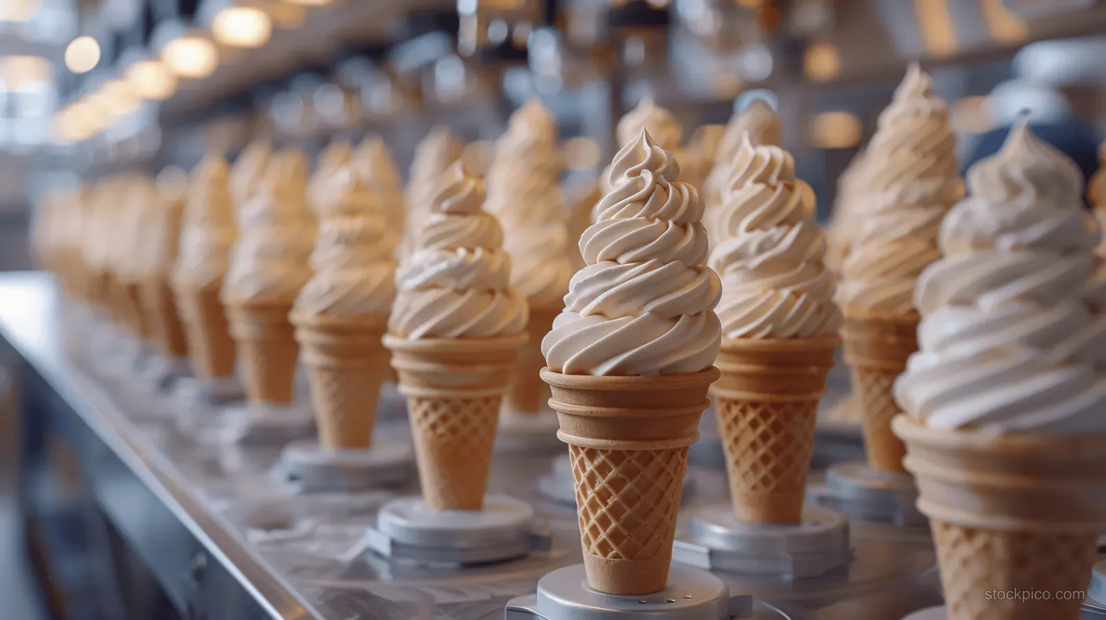 Multiple ice cream cones with soft-serve swirls sit on a conveyor belt inside a factory production line.