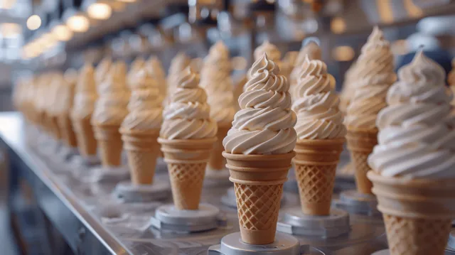 Multiple ice cream cones with soft-serve swirls sit on a conveyor belt inside a factory production line.