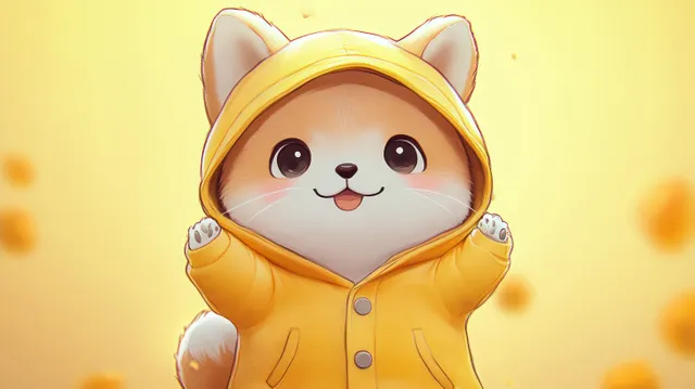 A chubby shiba inu cartoon wearing an orange onesie hoodie smiles against a warm golden background.