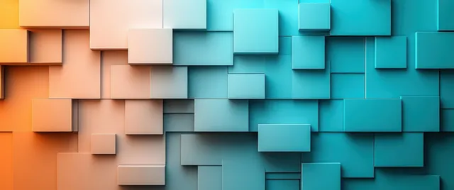 Layered square tiles on a surface with an orange to teal gradient and soft shadows.