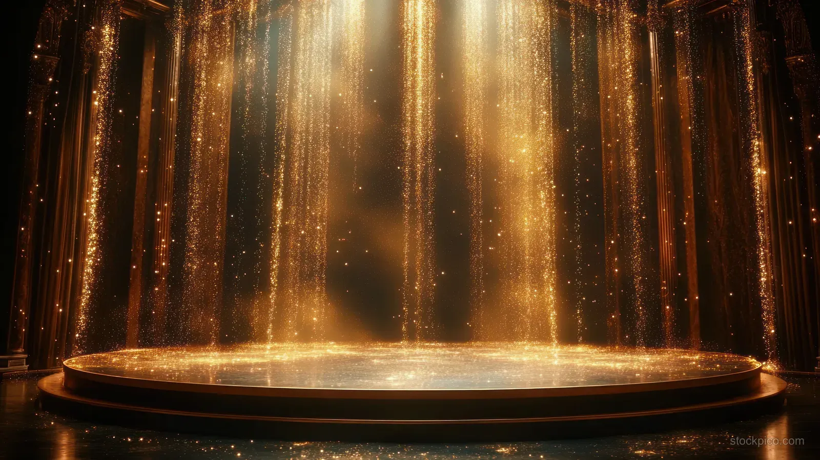 Golden light beams cascade onto a round stage with shimmering dust in a dark theater.