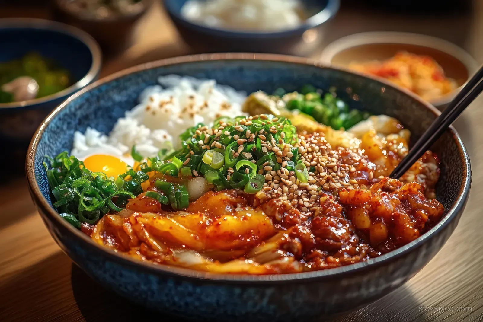 Close-up Korean rice bowl topped with seasoned meat, kimchi, green onions, sesame seeds, and a raw egg yolk.