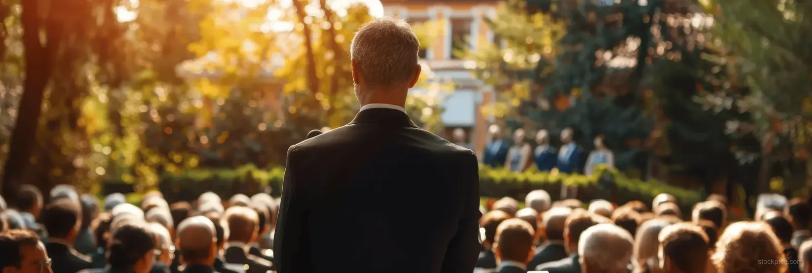A man in a suit speaks to a seated wedding crowd outdoors with blurred garden greenery behind him.