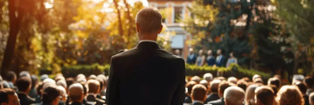 A man in a suit speaks to a seated wedding crowd outdoors with blurred garden greenery behind him.