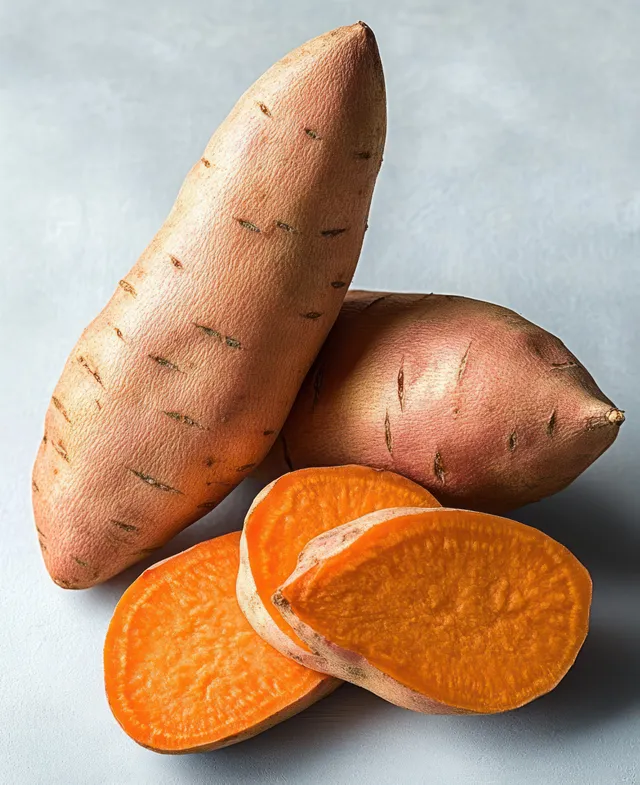 Whole and sliced sweet potatoes with bright orange centers on a light background