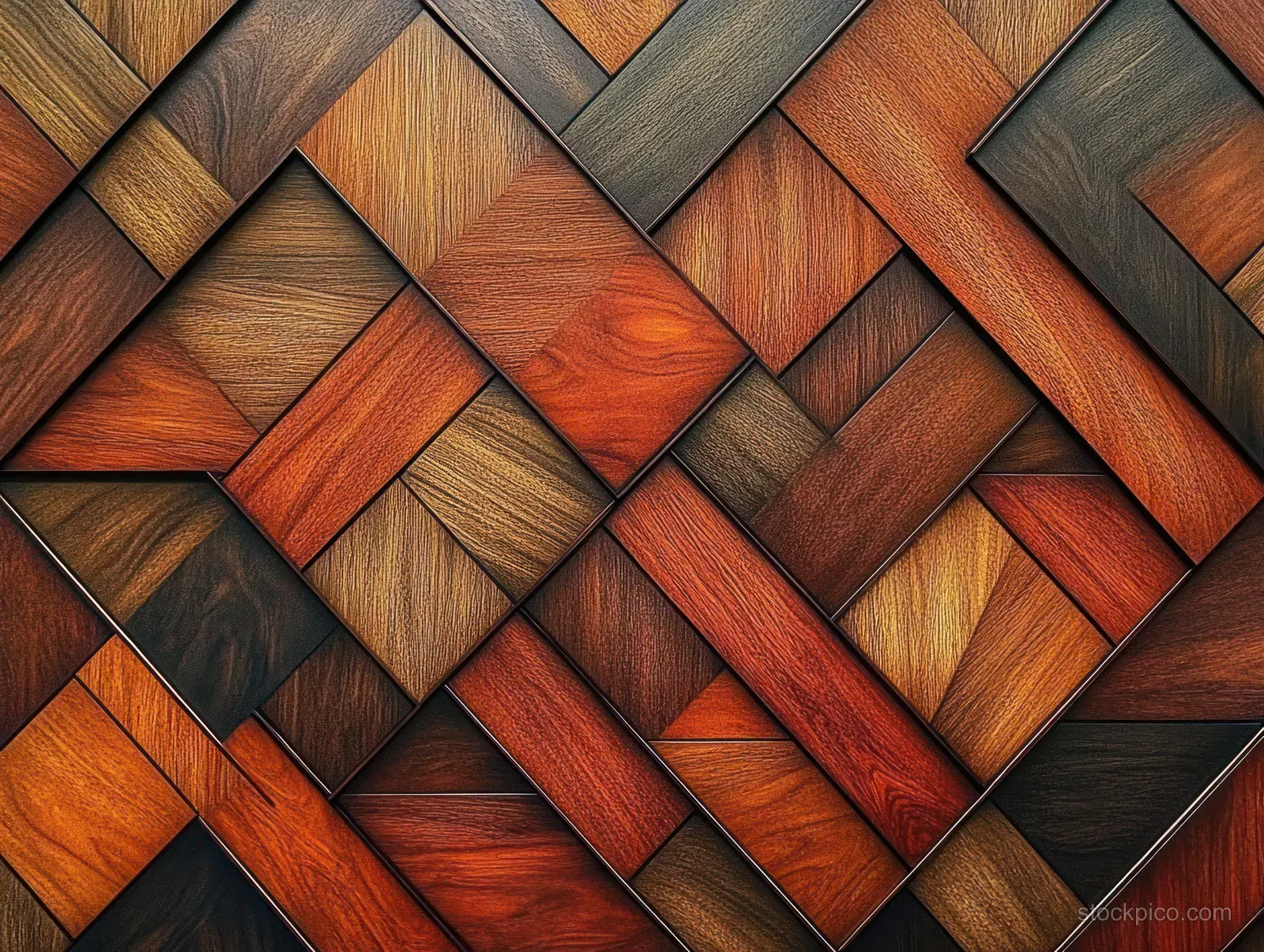 Close-up of a warm brown parquet wood floor with a textured diamond-and-square pattern.