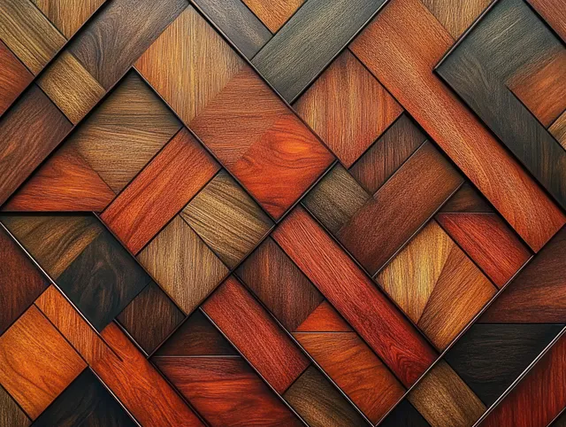 Close-up of a warm brown parquet wood floor with a textured diamond-and-square pattern.
