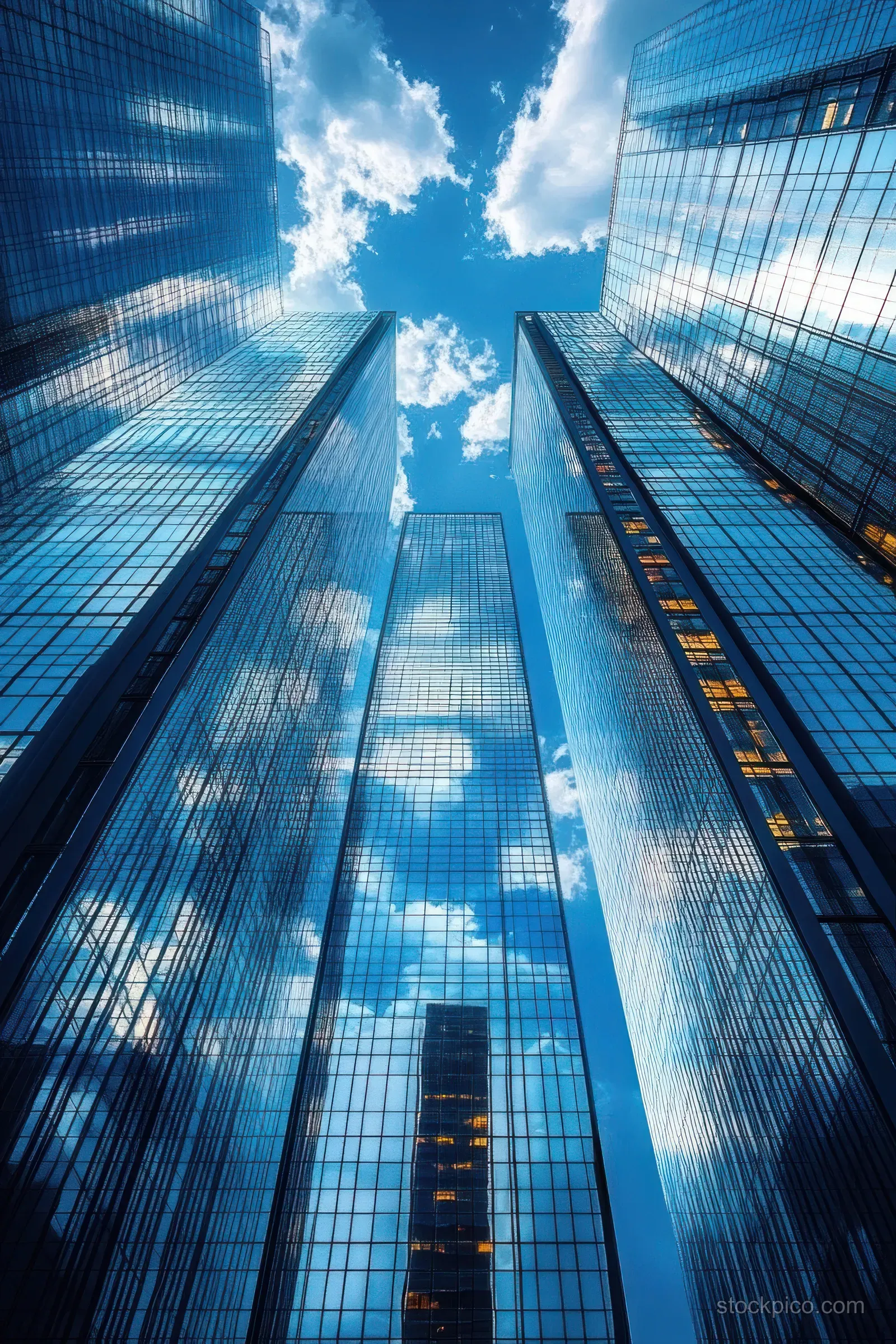 Low-angle view of tall glass skyscrapers reflecting blue sky and white clouds.