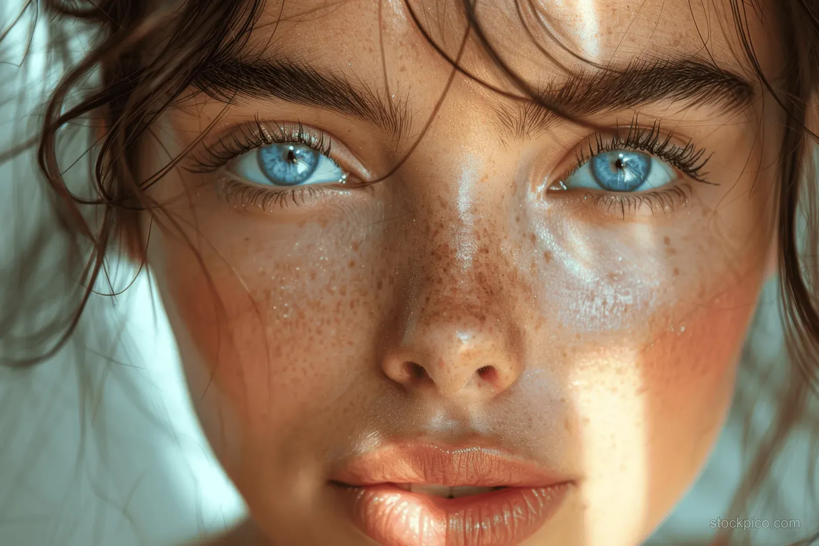 Close-up of a young woman with blue eyes, freckles, and soft natural light.