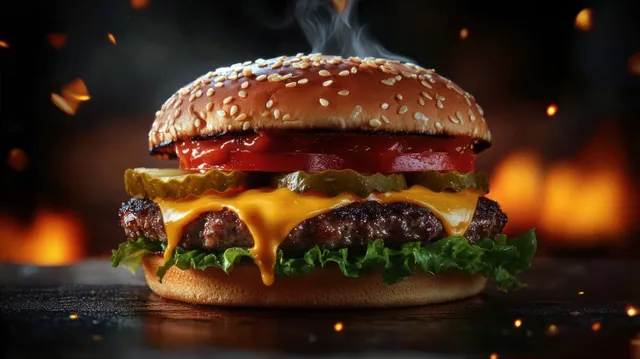 A close-up of a juicy cheeseburger with melted cheddar, lettuce, tomato, and pickles on a sesame seed bun against a fiery background.