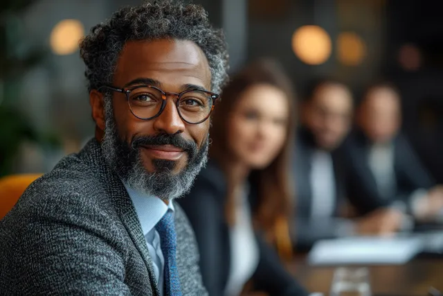 Mature executive at a meeting table leads a diverse team reviewing financial documents and charts in a modern office.