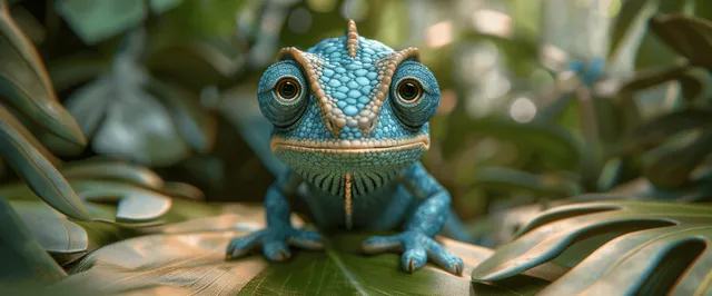 A whimsical cartoon chameleon with big eyes poses against a vibrant leafy green background.