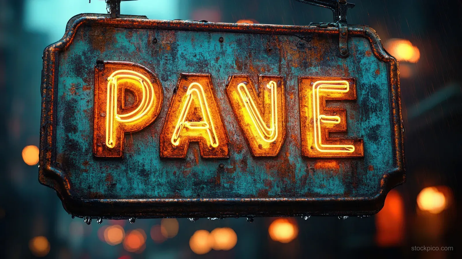 Rusty metal sign reading PAVE glows with orange neon while rain and blurred city lights surround it at dusk.