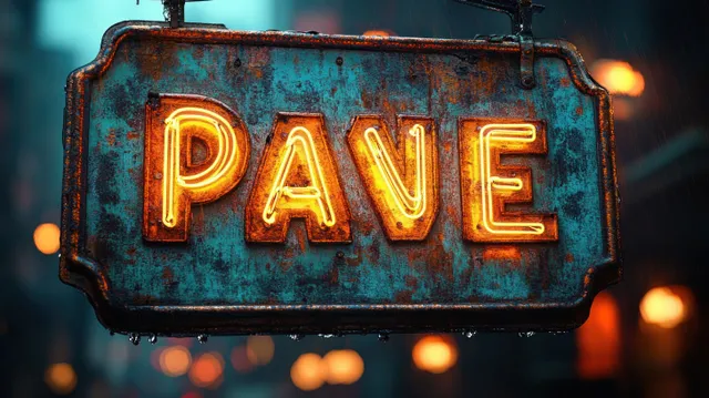 Rusty metal sign reading PAVE glows with orange neon while rain and blurred city lights surround it at dusk.
