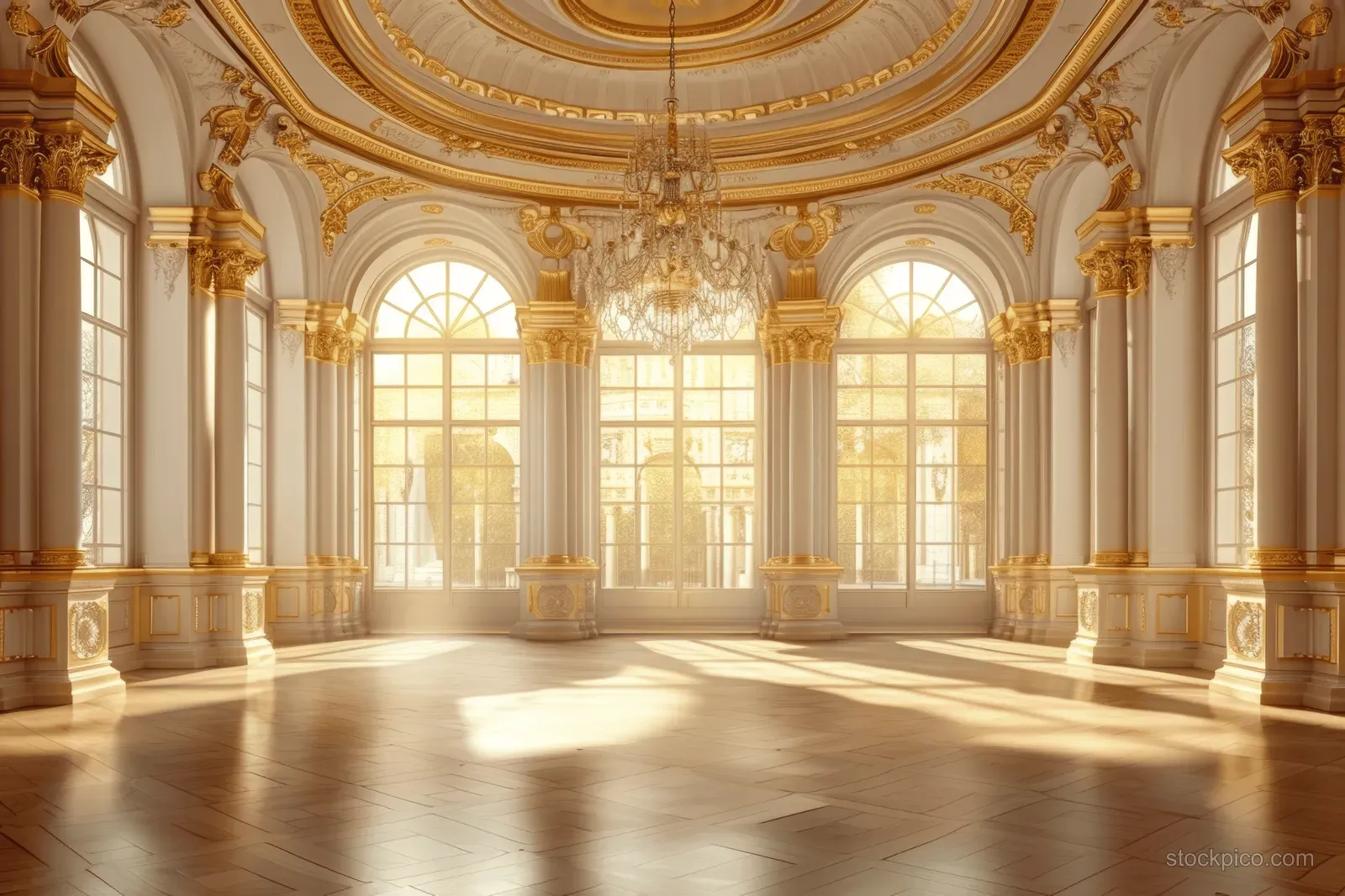 Empty golden ballroom interior with chandelier light, gilded columns, and tall arched windows along a polished floor.