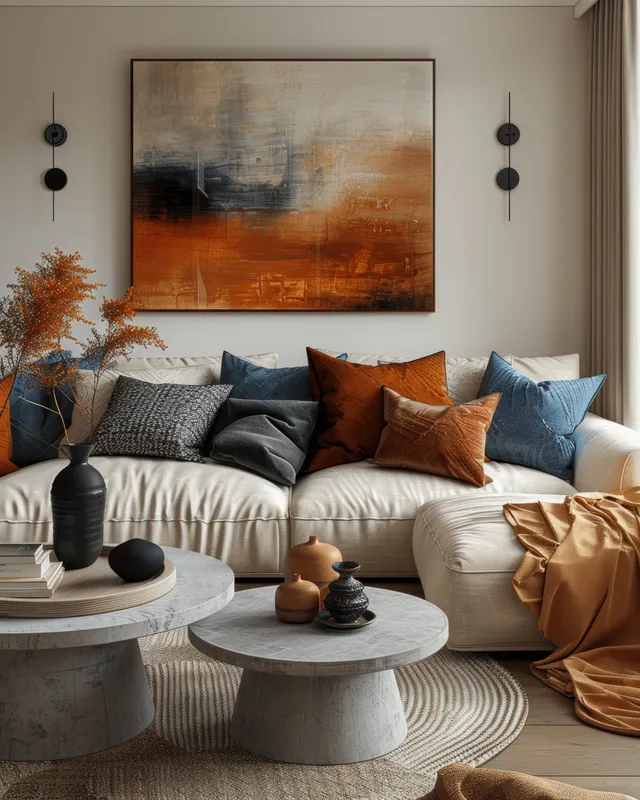 Minimalist living room with beige sofa, round coffee table, and abstract wall art