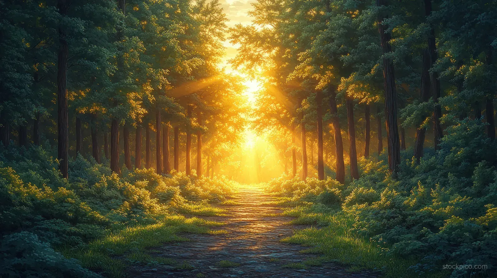 A forest path glows in sunset light between tall trees and autumn leaves.