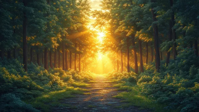 Sunlit Forest Path at Sunset with Golden Leaves and Tall Trees