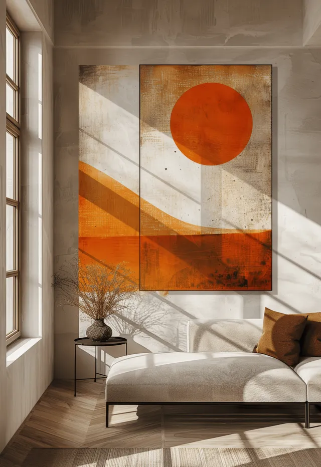 Beige sofa and black coffee table sit beneath terracotta abstract wall art in a bright Scandinavian living room.
