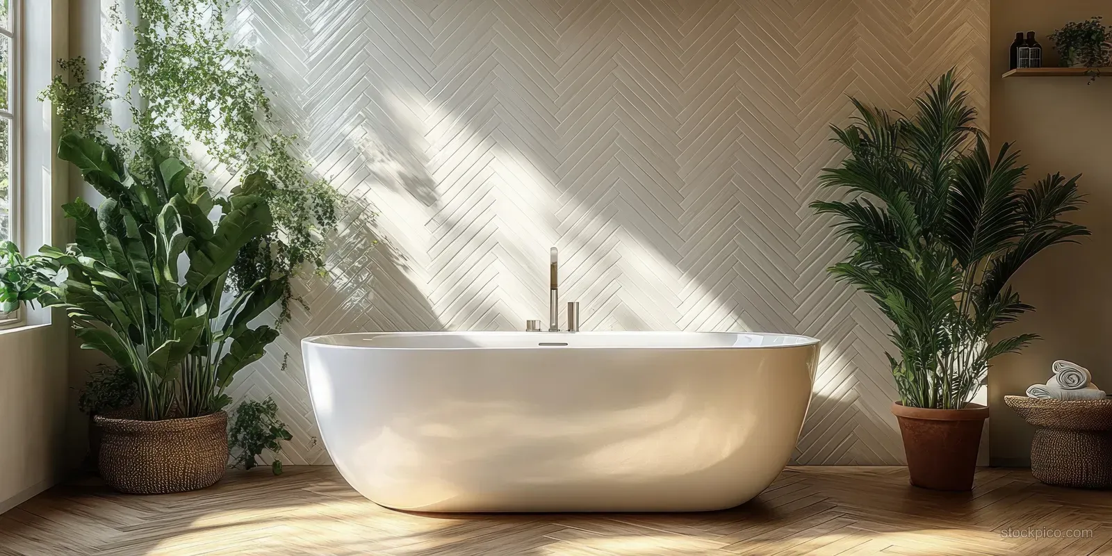 Sunlit bathroom showing a white freestanding bathtub with large potted green plants and soft shadows on a textured wall.