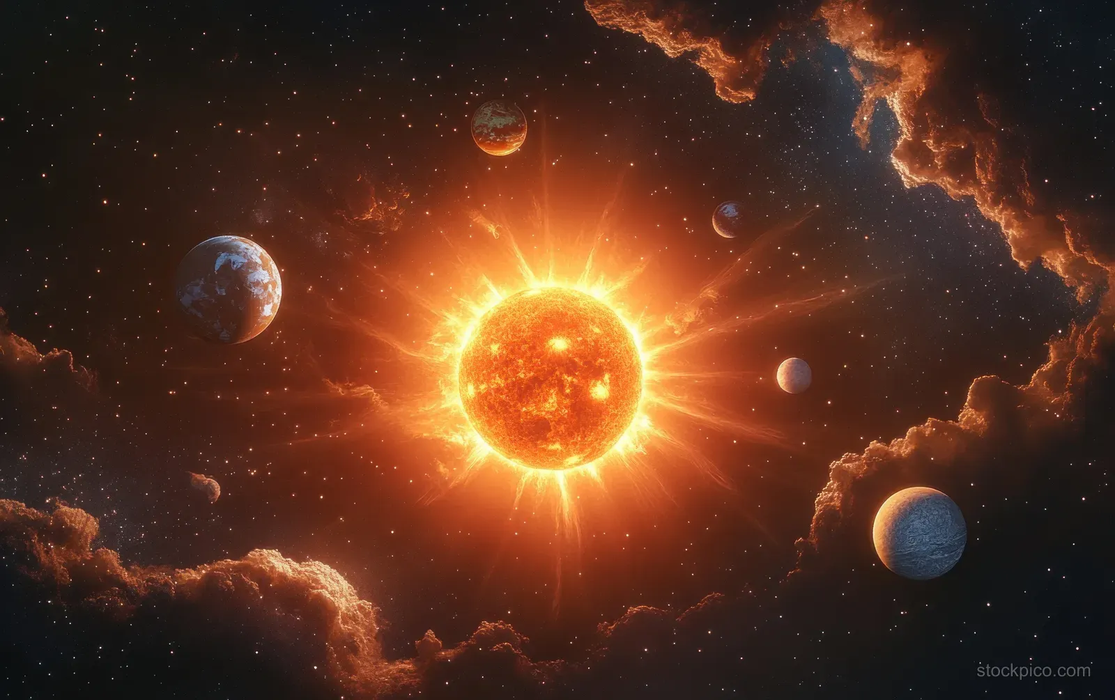 Astronaut floating beside a glowing sun with planets and swirling nebula clouds in deep space.